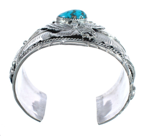 Turquoise Navajo Authentic Sterling Silver Eagle Leaf Cuff Bracelet AX124828